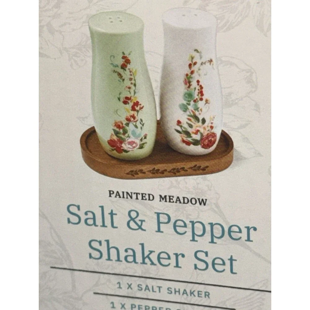 Pioneer Woman ~  Three (3) Piece ~ PAINTED MEADOW ~ Salt & Pepper Shakers w/Tray